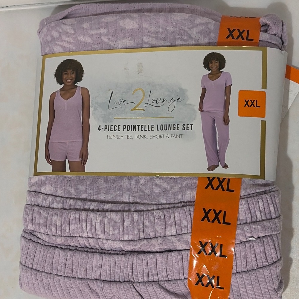 Live 2 Lounge 4-Piece Pointelle Lounge Set Purple Henley Tank Short Pant XXL